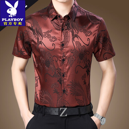 Playboy (Playboy) Dragon Patterm Pattern, вышитый ваточный шелковый шелк для летней рубашки с коротким рукавом с коротким рукавом большого размера.
