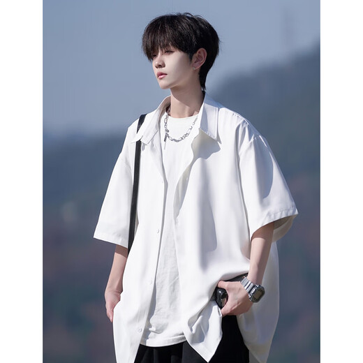 NYING冰丝白衬衫男士短袖25夏季新款日系潮牌薄款垂感休闲衬衣大码宽松 白色 XL （130-150斤）