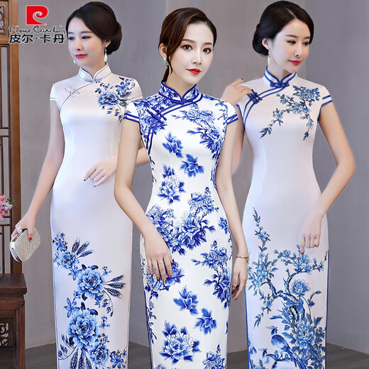 Pierre Cardin new Chinese blue and white porcelain cheongsam dress long 2025 new improved catwalk performance young style high-end temperament Blue Qing CX0033 XL double-layer fabric, soft, comfortable and smooth
