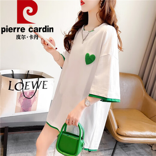 Pierre Cardin Sommer zweiteiliger kurzärmeligter T-Shirt für Frauen mit reinem Baumwoll locker gestickte Top-Design mit mittlerer Länge Trendy großer Größe 1502 Schwarz bedrucktes Baumwoll XL 140-165jin [Jin entspricht 0,5 kg]