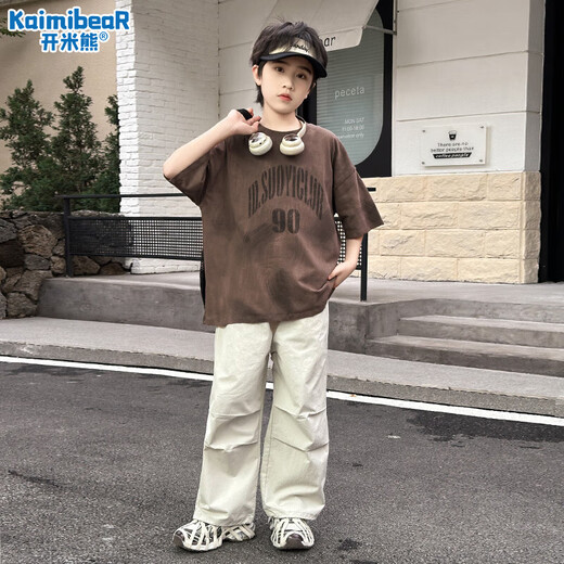 开米熊男童夏季套装2025新款儿童装夏装潮帅气时髦男孩短袖裤子运动衣服 咖色 150 码建议身高145cm左右