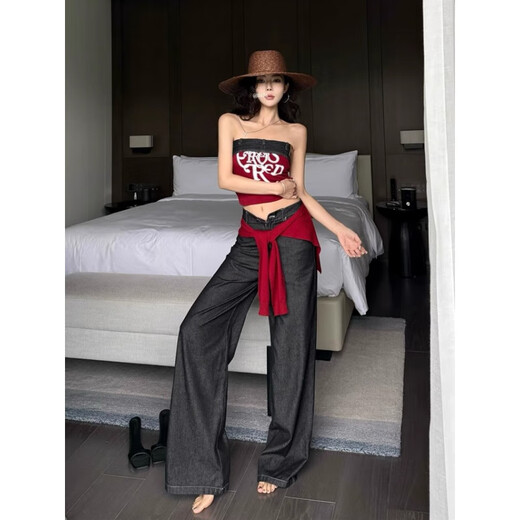 Chuangjingyi chooses red denim tube top summer hot girl one-shoulder Thai unique design vest red shawl S