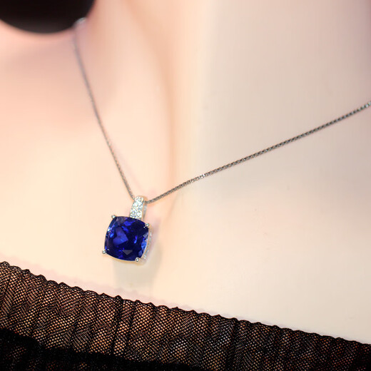 句可方形坦桑石项链女蓝宝石吊坠挂件925纯银镀铂金小众风锁骨链同款 单吊坠不配链