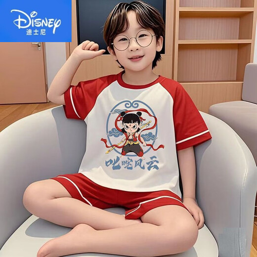 Disney boys' pajamas 2025 new summer children's pure cotton short-sleeved suit Nezha: The Devil Boy Boy Thin Home Clothes 705 Red Nezha Boys One Size 14 (recommended body size 125-13555 Jin Jin equals 0.5 kg