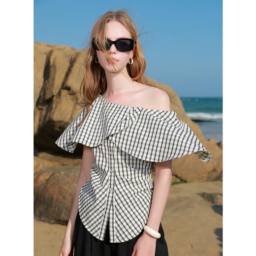 Sancai 2025 new summer style ruffled one-line collar plaid shirt slit waist top elegant M