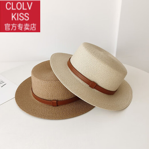 Clolv kiss2026 Französischer Flat-Top-Strohhut für Damen im Retro-Stil im britischen Stil, der das Gesicht zeigt, kleiner Sommer-Sonnenschutz, Sonnenschutz, Strand-Urlaubsstil, Hut, beige, verstellbar