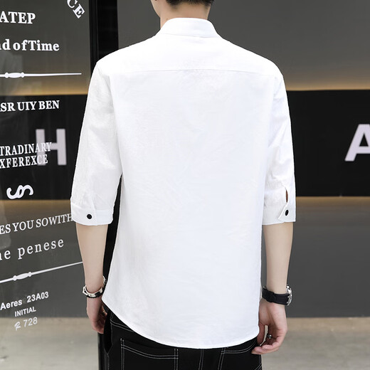 Henry collar cotton and linen long-sleeved shirts for men spring and autumn men's early autumn casual shirts short-sleeved inch shirts 2025 new style CS8K02 mid-sleeve black M 90-110Jin Jin is equal to 0.5 kg