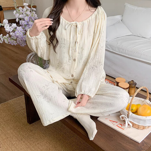 梦特娇（MONTAGUT）云朵棉睡衣女春秋季长袖吊带三件套可爱树叶纯欲风家居服2025新款 tfn#f9929 均码 m建议75-95斤