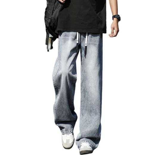 龙桃子直筒牛仔裤男夏季舒适透气美式休闲裤子男潮牌青少年宽松阔腿长裤 K897浅蓝 M 约110~130斤可穿