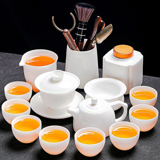 Tuojin German imported quality Dehua mutton-fat jade tea set household light luxury high-end white jade white porcelain kungfu teapot sweet white mutton-fat jade well railing teapot 10 pieces