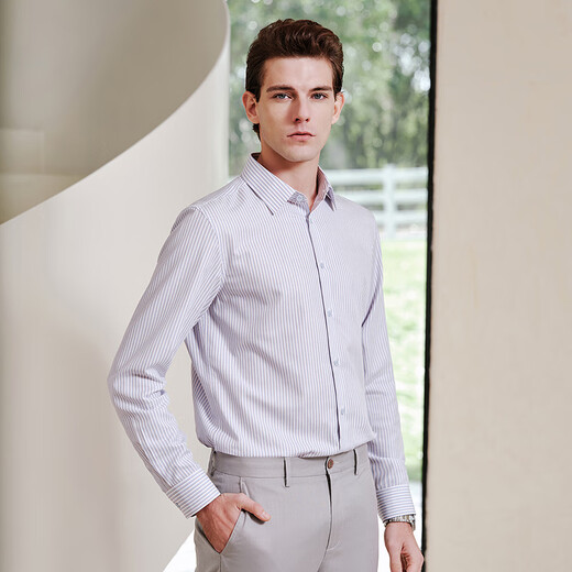 YOUNGOR long-sleeved shirt for men with mulberry silk shirt, soft, skin-friendly, comfortable, breathable fabric, textured 2025 new product, blue stripe VLZS114816HBA 41