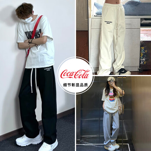 可口可乐（Coca-Cola）休闲裤男美式直筒宽松长裤运动裤女 黑色 S