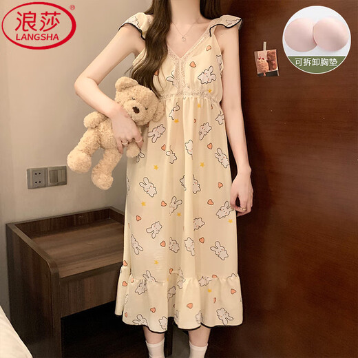 LangSha (LangSha) Pijama de vestir francés con mangas voladoras pequeñas, estilo dulce, novedad de verano para mujer, ropa para el hogar y ropa exterior con almohadillas para el pecho y tirantes, 9906 XL con almohadillas para el pecho