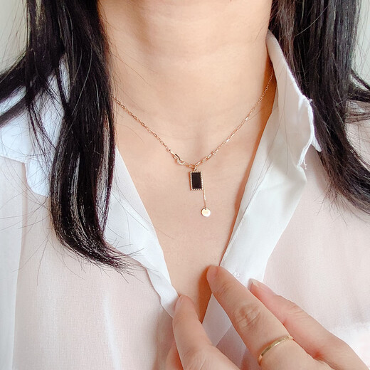 Chishe Versatile Fashionable Tassel Korean 14K Gold Necklace Women's Donut Square Black Agate K Gold Clavicle Chain Full Length 42cm