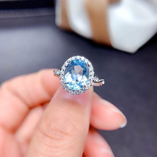 China University of Geosciences Jewelry Natural Topaz Ring Sky Blue S925 Silver Inlaid 7*9mm Gift
