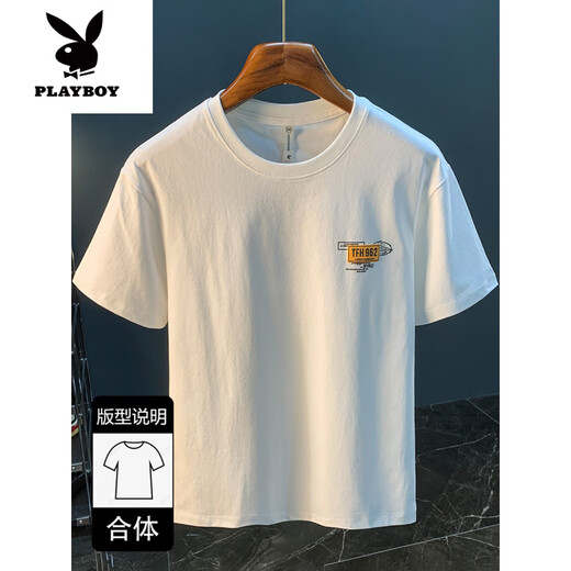 花花公子（PLAYBOY）白色T恤男夏季新款高端潮流印花t恤美式轻奢新疆棉舒适短袖T恤衫 黑色 【JSW9906黑色】 M 适合90-108斤穿