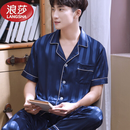 LangSha Light Luxury Summer Men's Pajamas Men's Summer Thin Short-Sleeved Ice Silk Suit Home Clothes Large Size Trousers Spring and Autumn Cardigan 23103 Short Long Black Bottom Red Flower-Male 2XL (145~160Jin Jin is equal to 0.5 kg)