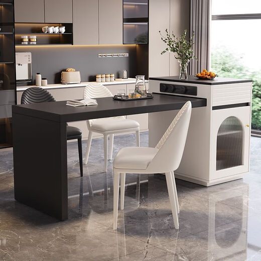 Yijun solid wood island dining table and chairs integrated 2025 new home modern high-end retractable rectangular dining table double-door island table-tea stove type + 4 plush chairs 1.4 meters slide rail socket