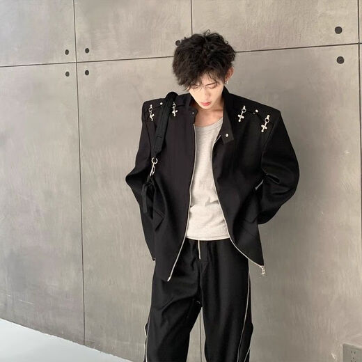 An Chuxia American high street shoulder padded blazer men's metal airplane buckle design jacket autumn handsome street suit black jacket + gray T-shirt + zipper pants 3-piece set XL store priority delivery