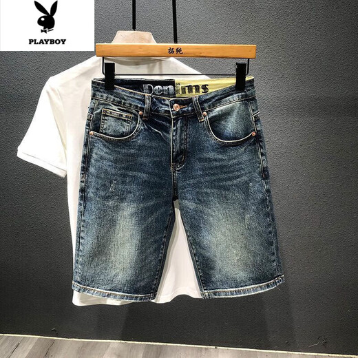 Playboy 2023 Summer Denim Pants Printed Trendy Brand Retro Nostalgic Washed Korean Style Slim Fit Pants D9901 Blue Five-Fifth Shorts 28