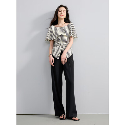 Sancai 2025 new summer style ruffled one-line collar plaid shirt slit waist top elegant M black rice plaid M 160/84A