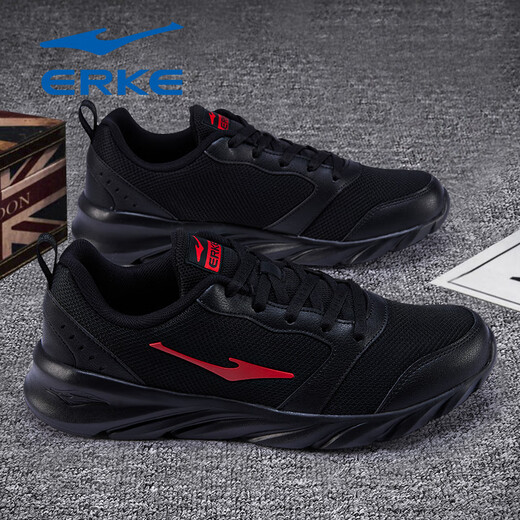 鸿星尔克男鞋2025新款冬季透气网面运动鞋男士软底减震休闲鞋轻便跑步鞋子 正黑/大红（网面四季款）3291 42
