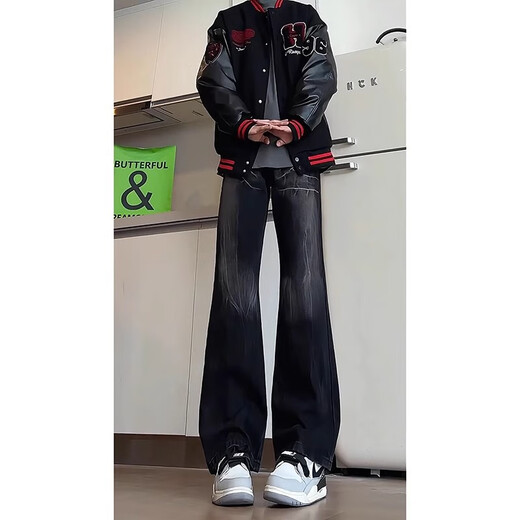 Yiran presents jeans for men with slightly flared autumn and winter style, lightning pattern, handsome design, American high street scimitar straight pants for men, black L recommended 105-125 Jin Jin equals 0.5 kg