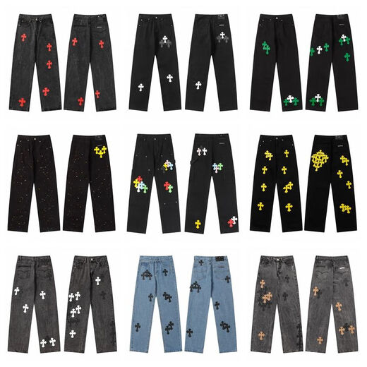 Crowxin offizieller 2025 Trendy Brand Cross Stickerei High Street Amerikanische vielseitige Männer und Frauen lose Jeanshosen gerade Hosen 9928 Black 9928 Black S