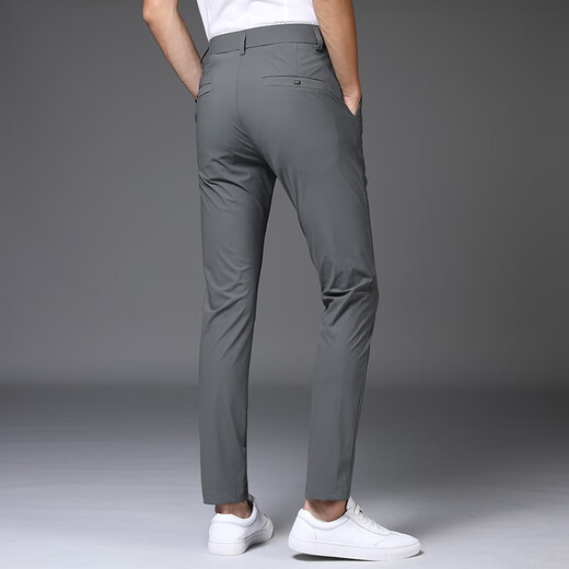 Septwolves Pantalon en soie glacée à haute élasticité pour hommes 2025 Été Mince Jambe droite Pantalon décontracté ample Marque de mode pour hommes Drapey Pantalon sur mesure 1098 Gris Pantalon d'été à neuf points 28 Taille 2 pieds 1