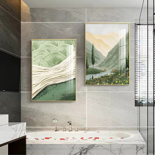 CLCEY卫生间挂画感免打孔卫生间山水挂画风景装饰画厕所马桶上方挂 ZSH13546-繁华似锦 外框30x40cm轻奢金框+有机玻璃