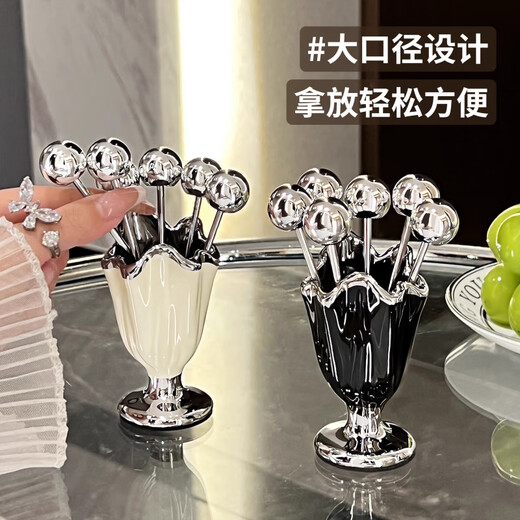 He Jiagong's high-looking stainless steel fruit fork household light luxury children's safety small fork set dessert pick sense mini pleated fruit fork + 6 small forks (milk white a