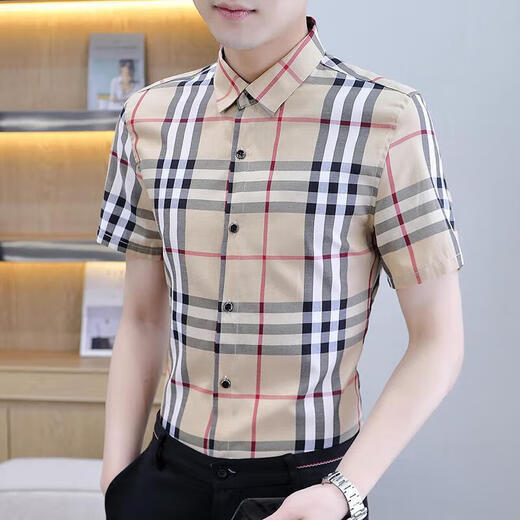 
AEXMERE boutique Haiyuan Home versatile plaid shirt men's short-sleeved British style slim-fit trendy brand shirt men's casual thin business inch fashion formal wear classic versatile student outfit 9855 short-sleeved plaid khaki M