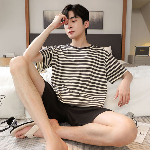 珍韵缘男士睡衣夏季短袖夏款莫代尔薄款青少年可外穿夏天款家居服套装 6198蓝莫代尔套装 均码 L100120斤