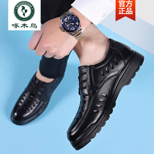 Specht Marke Sandals Herren 2025 Sommer echtes Leder atmungsaktives lässige Lederschuhe für Herren Hollow Hole Schuhe Weiche Sohle Vaters Schuhe 6627 Black Hollow 38