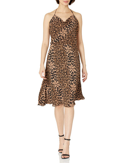 Dress the Population Women's Leopard Sequin Dress Knee Length Party Style Adult Halter Collar Taupe Leopard Medium