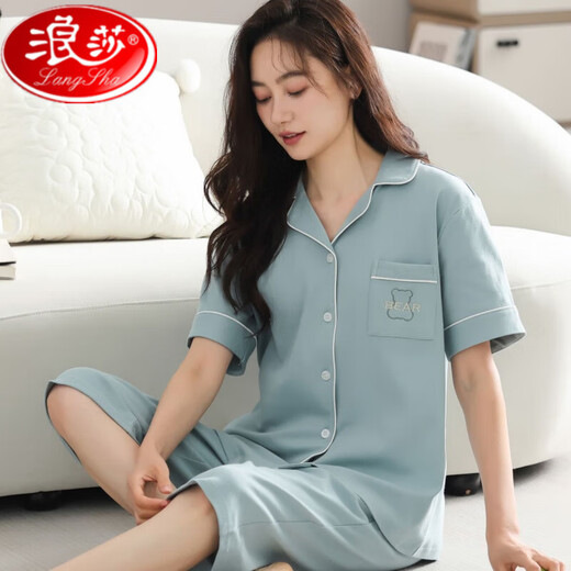 Langsha Pure Cotton Pyjamas Frauen 2025 Sommer kurzärmeligte Kumpelhosen mittleren und jungen Stils mit großer Strickjackenanzug dünne Heimkleidung N9892 Kurzärärmelte Hosen Cardigan XL (120-140jin [Jin gleich 0,5 kg]))