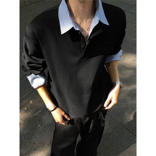 Jufeng fake two-piece polo shirt sweatshirt men's American heavy henley collar long-sleeved T-shirt design high-end handsome jacket black M (suitable) 100-115Jin Jin is equal to 0.5 kg