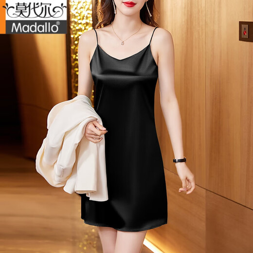 Modal 2025 Neues High-End-Seiden-Pyjamas für Frauen im Sommer mittleren Alters sexy Maulbeer-Seiden-Hosenträger Nachthemd Nachthemd 6625-schwarze weiche und empfindliche hautfreundliche M 85-100jin [Jin gleich 0,5 kg]