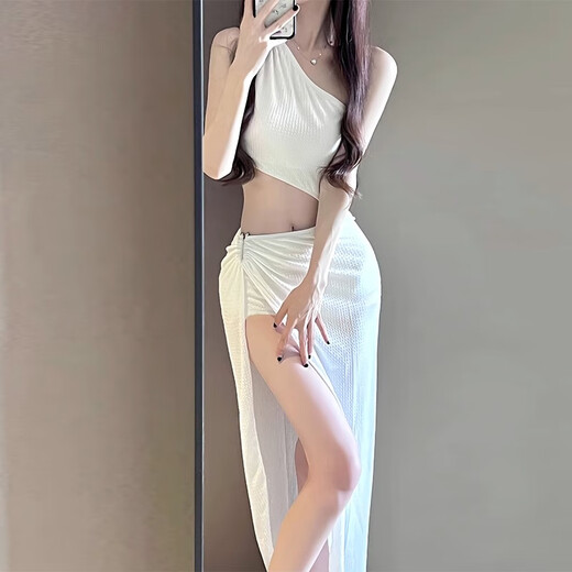 JIOESC Swimsuit Women's 2025 New Bikini Split Long Skirt Seaside Vacation Sexy Small Breasts High-Level Feeling Conservative and Slim Premium White (Two-piece Set) M (75-95)