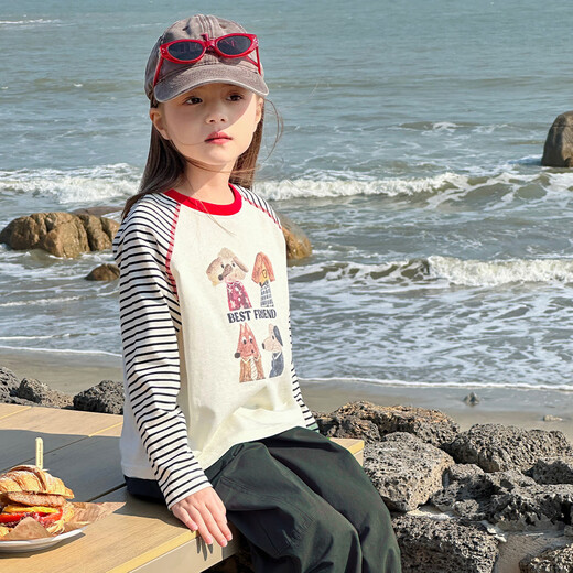 Tutu Little Elephant Children's Long Sleeve T-shirt Girls Raglan Sleeve Cotton Top Bottoming Black and White Stripes 160 Height About 160cm