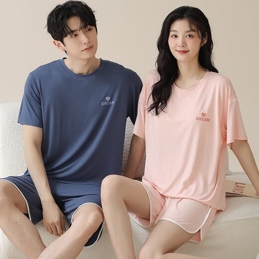 莫代尔夏季男士睡衣男情侣款女士带胸垫短袖短裤夏天凉感休闲家居服套装 01N15801女 01N15601男 XL 男- 120-140斤