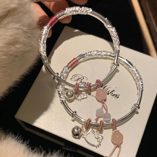 KZD2025 spring and summer new style 999 pure silver kitty silver bracelet sterling silver solid bell bracelet ins high-value bracelet flower kitty bell 28g with certificate gift box old
