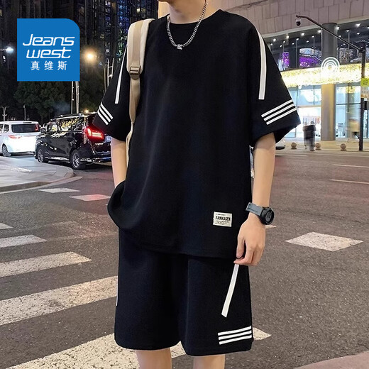 Jewish sports suit men's summer thin loose trendy ice silk short-sleeved T-shirt men's shorts casual two-piece set men's clothing FKS653 black suit 2XL about 150-170Jin [Jin equals 0.5 kg] can be worn