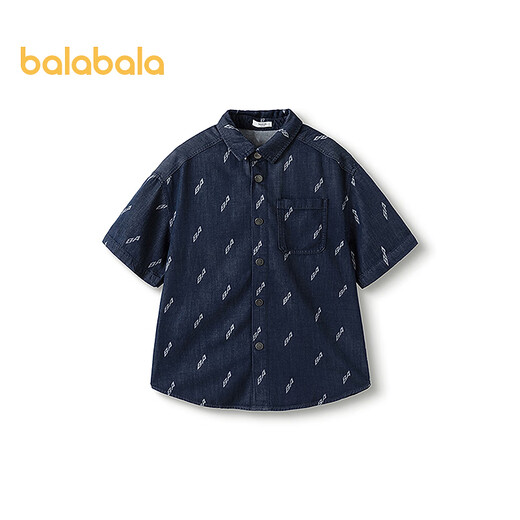 Balabala designer SICO IP children's shirt boys' shirt summer short-sleeved denim full print trend blue tone 00488 130