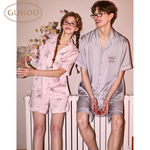 Gukoo Pajamas Couple Summer Stitch Co-branded Cute Cartoon Loose Ladies Home Clothes Suit Men Light Gray Pink M