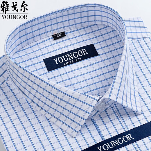 Gy Yageo New à manches courtes masculines Summer Coton Pure Coton sans fer à l'âge majeur Business Professional Plaid Blue Blue 6630 42