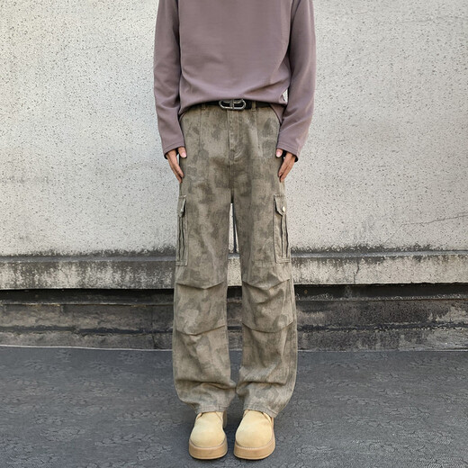 IZEXX Camouflage Work Casual Pants Men's Autumn Retro Versatile Wasteland Style Loose Straight Long Pants IZ53 Khaki 3XL