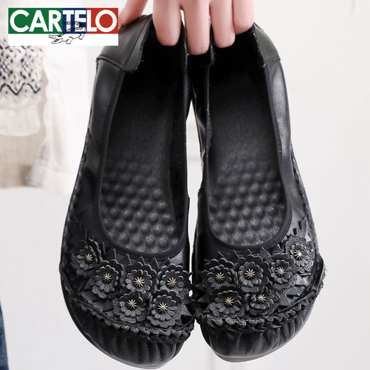 CARTELO genuine leather ethnic style shallow mouth women's shoes non-slip tendon soft sole cowhide single shoes one-leg flat heel middle-aged and elderly mother's shoes black 9756 36