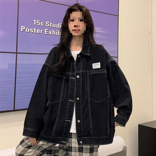 张饭雨牛仔外套女春秋韩版宽松牛仔衣胖mm无帽外套潮流上衣夹克牛仔衣服 9926#黑色 S  建议80--100斤