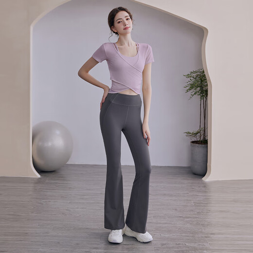 LULUUVTTOH yoga clothing tops for women in summer, high-end professional fitness clothing, Pilates suit, new style with chest pad, short-sleeved, hyacinth purple short-sleeved two-piece set, top + vest S